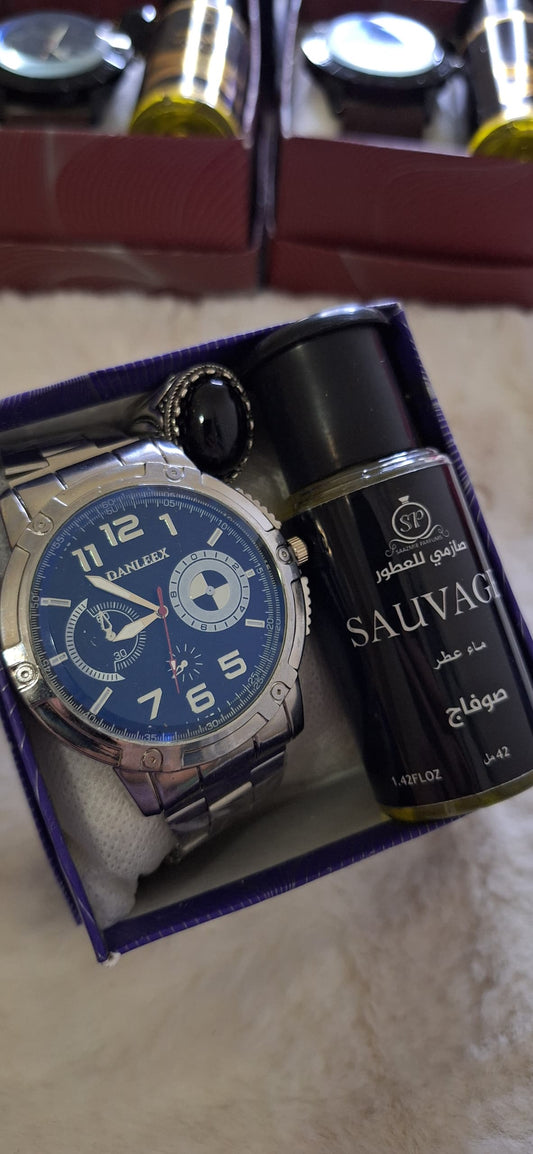 طقم رجالي أنيق – ساعة مع خاتم وعطر فاخر