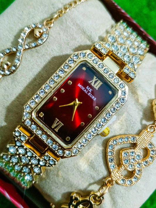 طقم نسائي عصري – ساعة أنيقة مع براسليين فاخرين