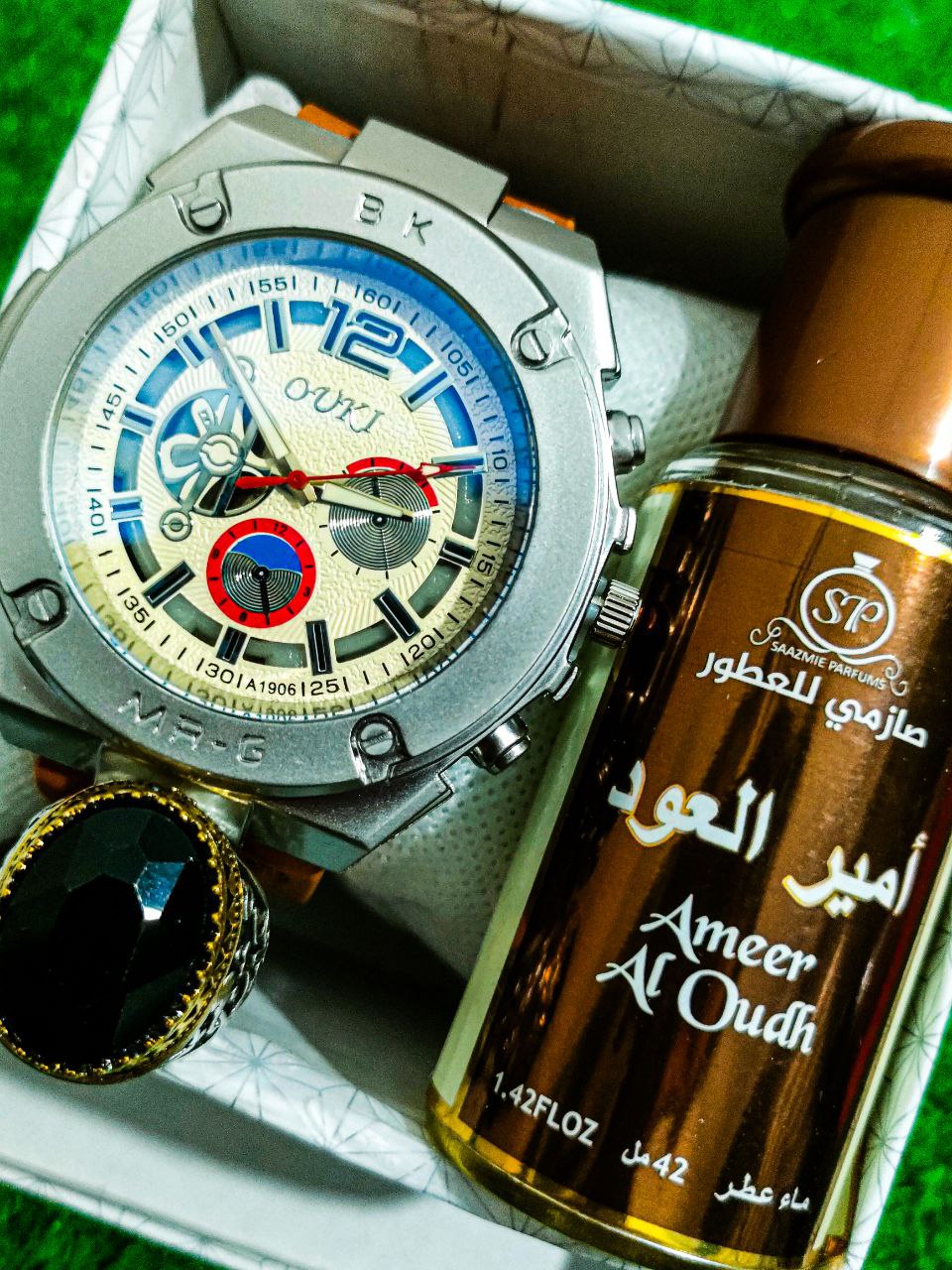 طقم رجالي أنيق – ساعة مع خاتم وعطر فاخر